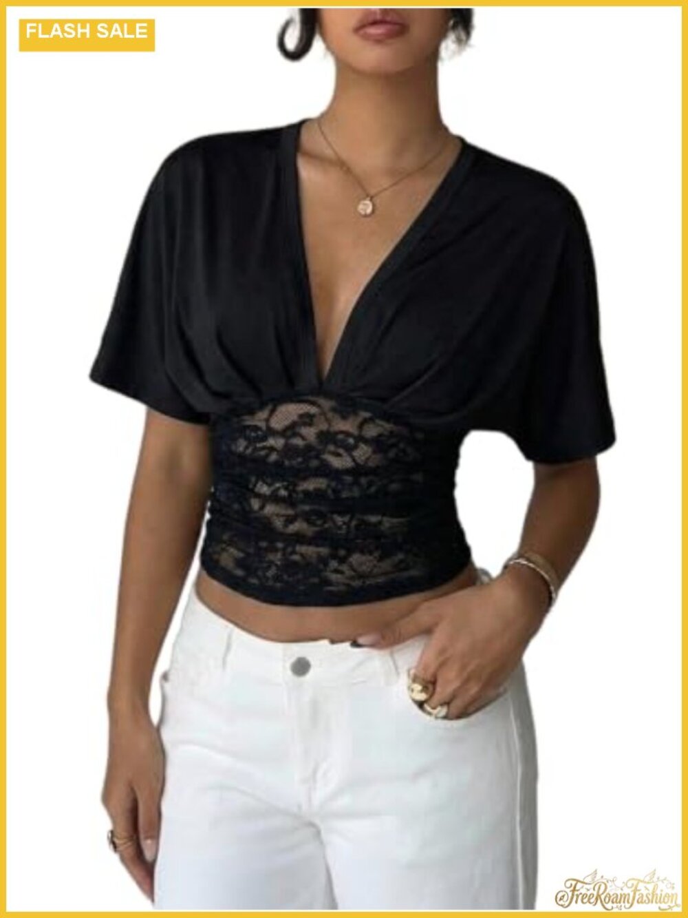 Women's Lace Trim Cropped Tee, Cinched Waist V-Neck Short Sleeve